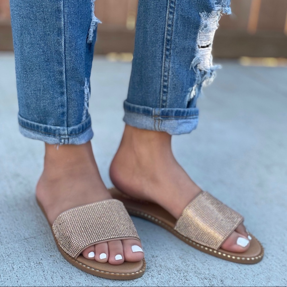 Rose Gold Rhinestone Flat Sandals - Picture 3 of 11